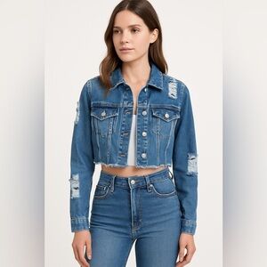 Trendy Cropped Distressed Denim Jacket Women’s Size Small Y2K Streetwear